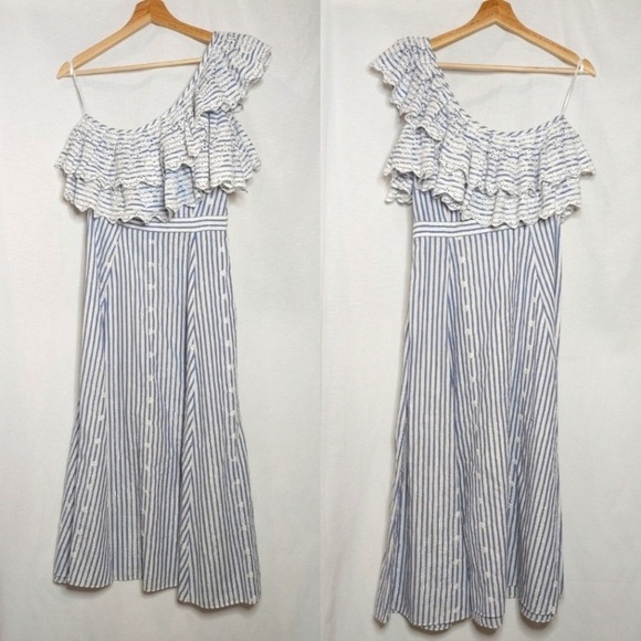 Dresses & Skirts - Kos Resort One Shoulder Midi Dress Ruffle Embroidered Eyelet White Blue Silver S